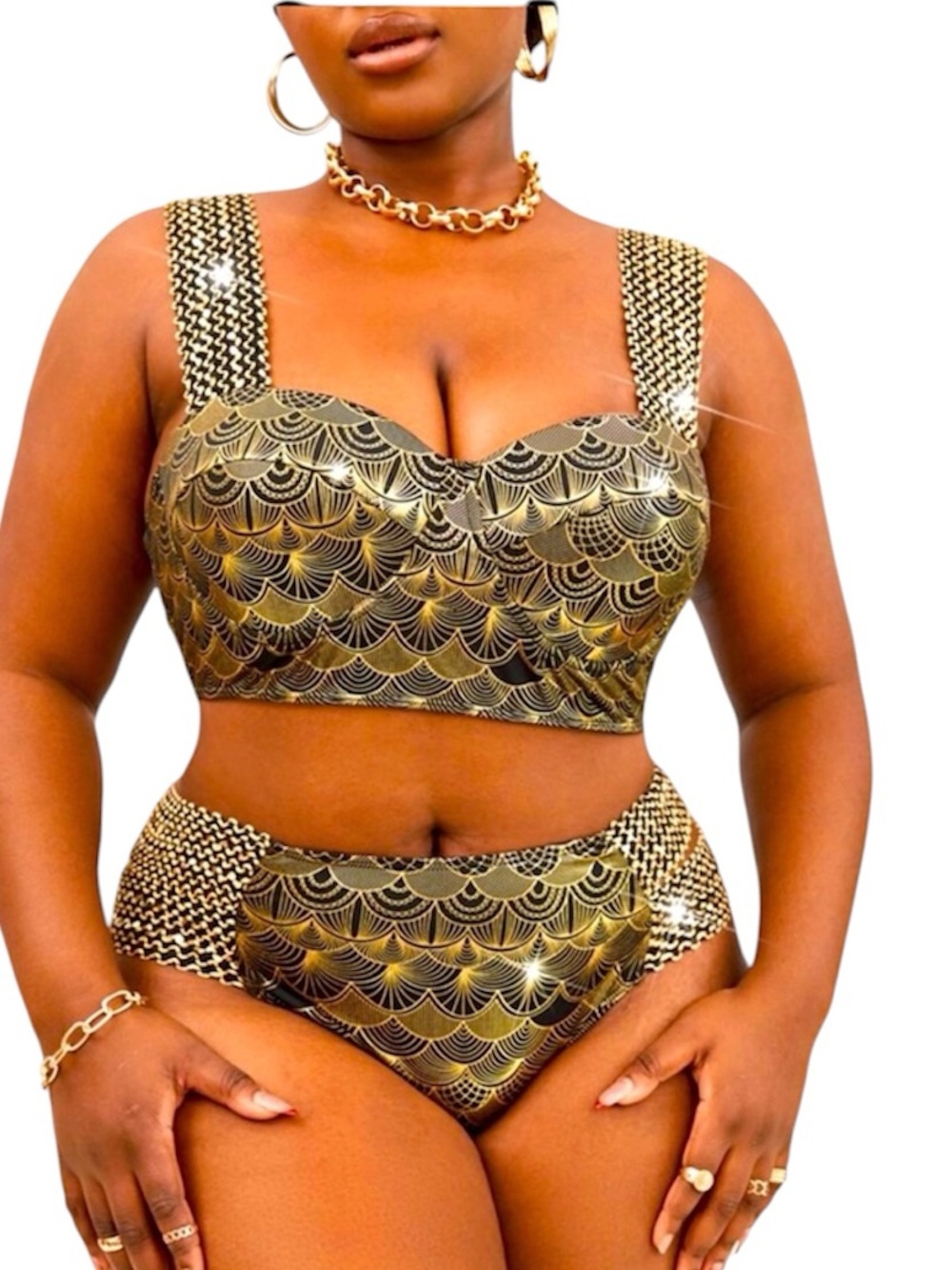 Gold & Black Metallic Geometric Patterned Bikini Set